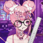a girl with pink hair and glasses is holding a ruler with the number 10 on it