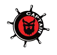 a logo for captain shows a bearded man in a red circle