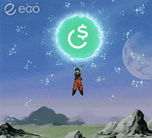 a cartoon character is flying through the air holding a green sphere with a dollar sign on it