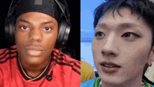 a man wearing headphones and a red shirt is next to a man wearing a blue shirt .