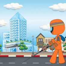 a cartoon character is holding a stick in front of a building that says ' a ' on it