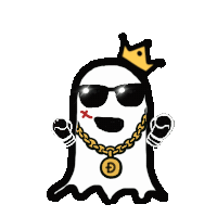 a cartoon ghost wearing sunglasses a chain and a crown .