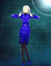 a woman in a blue coat is dancing on a dark background