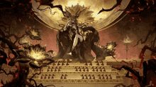 a painting of a woman sitting on a throne in a dark room