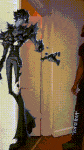 a pixelated image of a man standing in front of a door with the word " the bible " on his pants