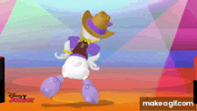 a cartoon of donald duck wearing a cowboy hat dancing