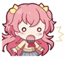 a cartoon girl with pink hair and red eyes is making a surprised face with her mouth open .