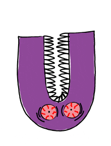 a purple letter u with red eyes and a spring in it 's mouth