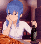 a blue haired anime girl is sitting at a table holding a bottle of beer