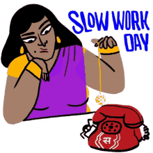 super stri slow work day yellow yarn red telephone waiting