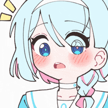a cartoon drawing of a girl with blue hair and pink cheeks