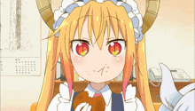 a cartoon girl with horns is eating a bread