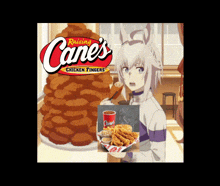 a poster for raising cane 's chicken fingers with an anime girl