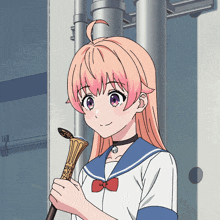 a girl with pink hair is holding a cane and smiling