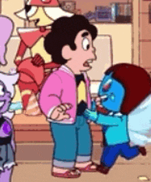 a group of cartoon characters are standing next to each other .
