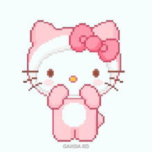 a pixel art illustration of a hello kitty with a pink bow on her head .