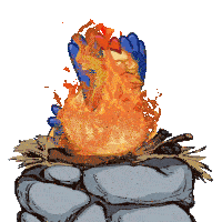 a cartoon drawing of a fire with a chicken in it