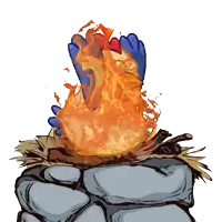 a cartoon drawing of a fire with a chicken in it