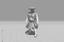 a 3d model of a man in a conical hat walking