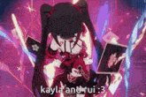 a girl in a red dress is surrounded by playing cards and says kayla and rui