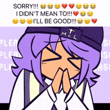 a cartoon of a girl with purple hair and a hat that says m.o.l.