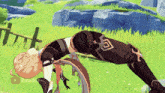 a video game character is doing a yoga pose in a field