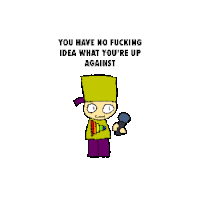 a pixel art of a boy holding a microphone with the words `` you have no fucking idea what you are up against ''