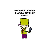 a pixel art of a boy holding a microphone with the words `` you have no fucking idea what you are up against ''