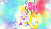 a cartoon girl with a rainbow hair and a white dress