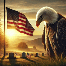 a bald eagle in a cemetery with an american flag in the background