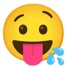a yellow smiley face with a pink tongue sticking out and tears coming out of it 's eyes .