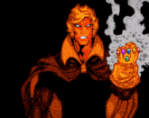 a pixel art drawing of a man holding a glove with the infinity gauntlet on it
