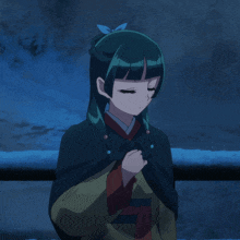 a girl with green hair and a blue bow on her head