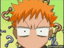a cartoon character with orange hair and white eyes is surrounded by question marks and making a funny face .