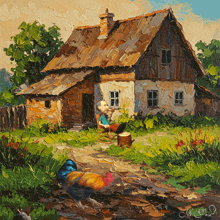 a painting of a man sitting in a rocking chair in front of a small house