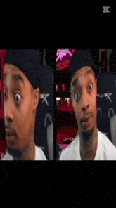 a man is making a funny face while wearing a hat and white shirt