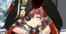 a girl with red hair is wearing a pirate outfit