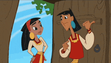 a man and a woman are standing in front of a door