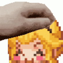 a pixel art of a girl with blonde hair and a gray hat