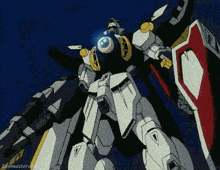 a white robot with a red shield and a blue eye is flying in the air .