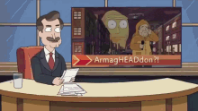 a cartoon man is sitting at a desk in front of a television screen that says armaghheaddon