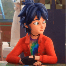 a cartoon character with blue hair is wearing a red jacket