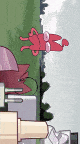 a cartoon drawing of a red cat standing in a field with trees in the background