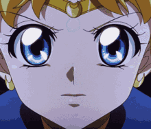 a close up of a cartoon character 's face with blue eyes