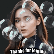 a woman is surrounded by soap bubbles with the words `` thanks for joining '' written below her .