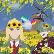 a couple of cartoon characters standing in front of a windmill