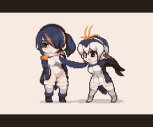 a pixel art drawing of two penguins dancing together .