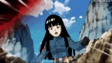 a girl with long black hair is standing in front of a mountain in a cartoon .