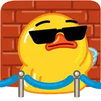 a yellow rubber duck wearing sunglasses is behind a blue rope barrier