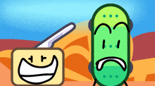 a cartoon drawing of a pickle and a container of butter
